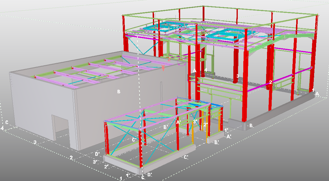 3D model of an industrial building with a steel frame, columns, portal frames and bracing