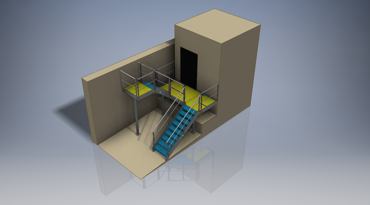 3D model of a straight staircase serving an access platform with guardrails