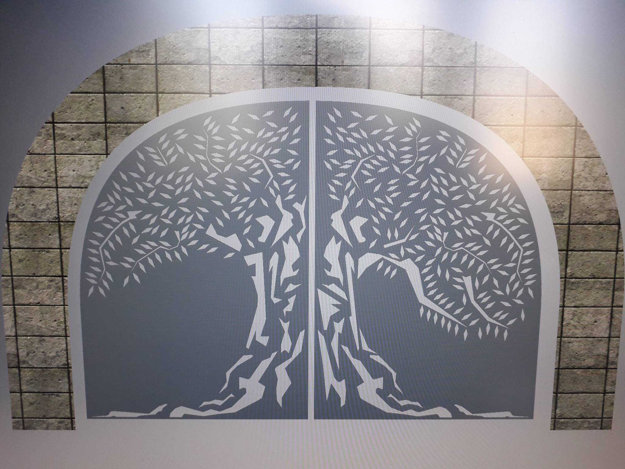 Design of an arched double gate in cut sheet metal with an olive tree pattern