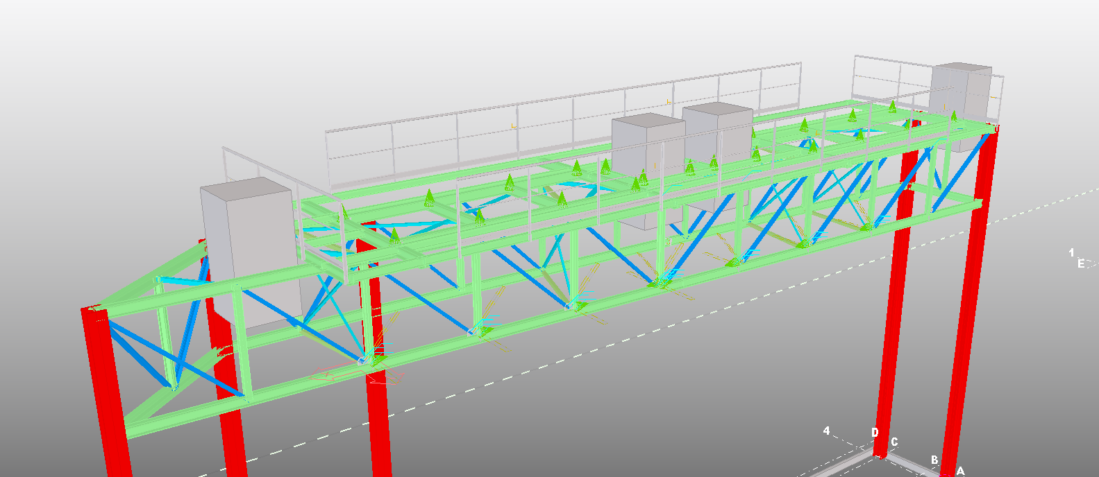 3D model of a steel truss walkway supporting equipment at height